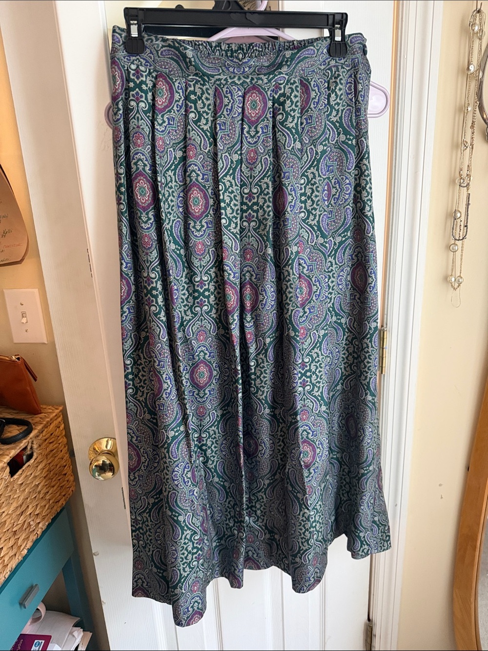 Essential Elements: Women's 100% Silk Green Paisley Maxi Skirt